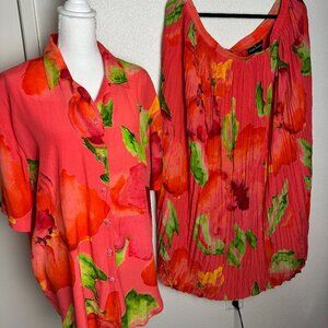 VTG Carole Little Floral Art Blouse & Skirt 2 Piece Suit Set Rayon Size 16W